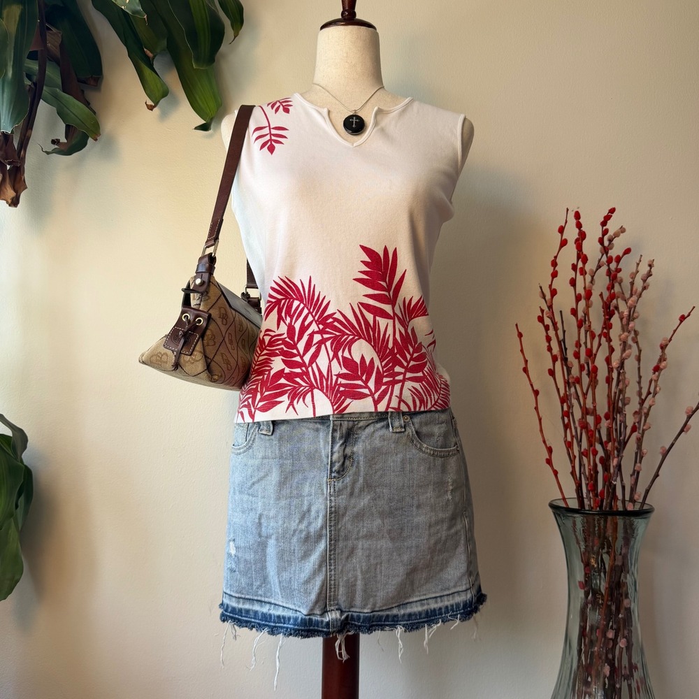 Vintage 90s/Y2K White Red Tropical Tank Top notched neck cotton beach boho Small